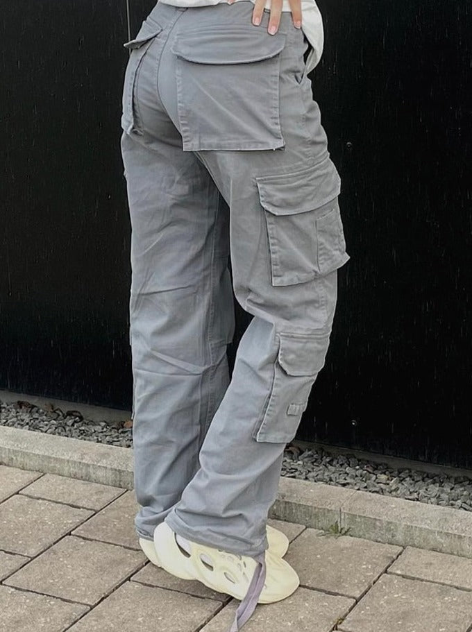 Damskie Spodnie Cargo Szerokie Nogi z Kieszeniami Użytkowymi Streetwear