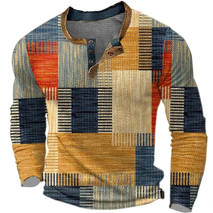 Męska Koszula z Długim Rękawem Patchwork z Wycięciem Henley