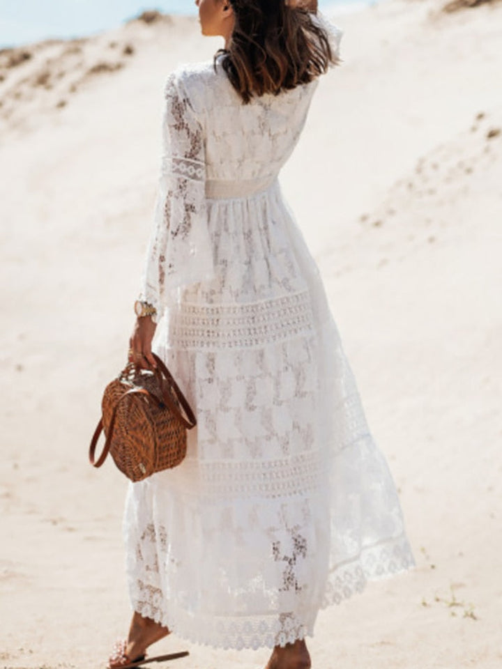 Damska Sukienka Boho Maxi z Koronką, Bez Rękawów, V-Neck, Plażowa, Letnia