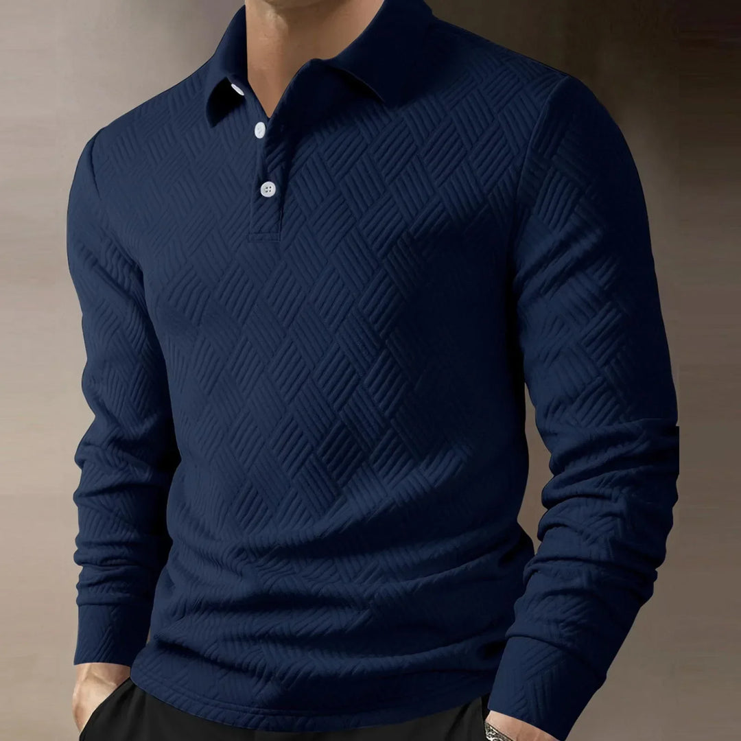 Męska koszulka polo z długim rękawem, teksturowany dzianinowy, elegancki casual