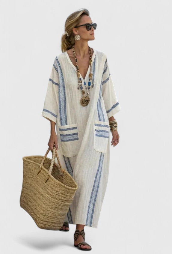 Damska Oversized Striped Kaftan Sukienka Maxi z Dekoltem w Szpic