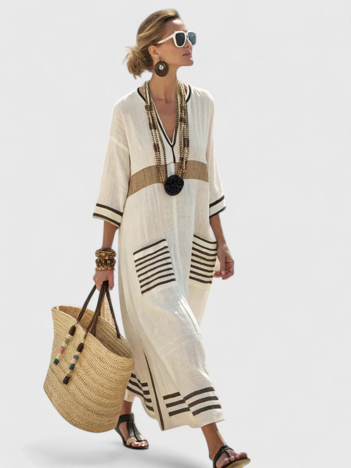 Damska Oversized Striped Kaftan Sukienka Maxi z Dekoltem w Szpic