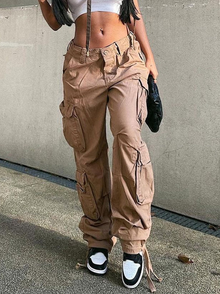 Damskie Spodnie Cargo Szerokie Nogi z Kieszeniami Użytkowymi Streetwear