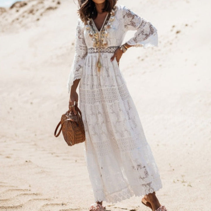 Damska Sukienka Boho Maxi z Koronką, Bez Rękawów, V-Neck, Plażowa, Letnia