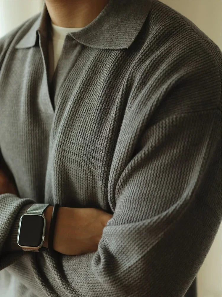 Męski sweter polo – elegancki, oddychający, wygodny, smart casual, z długim rękawem
