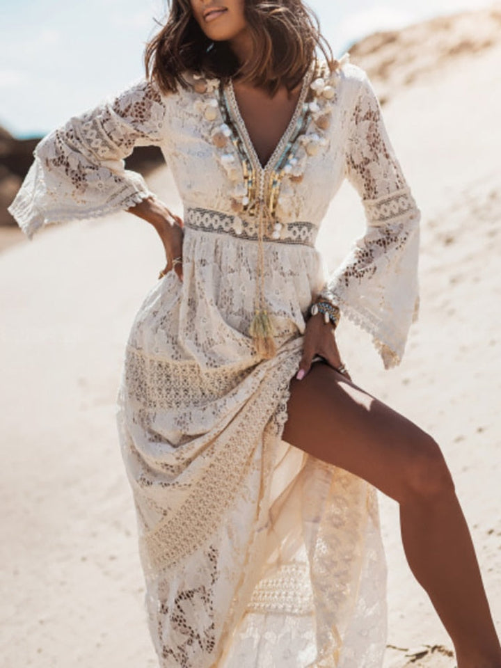 Damska Sukienka Boho Maxi z Koronką, Bez Rękawów, V-Neck, Plażowa, Letnia