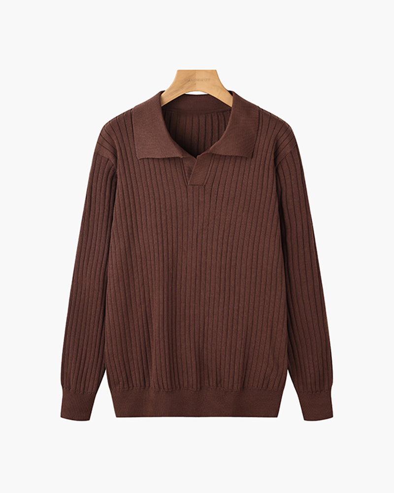 Męski sweter polo z prążkowanej dzianiny, V-neck, slim fit