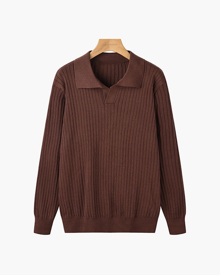 Męski sweter polo z prążkowanej dzianiny, V-neck, slim fit
