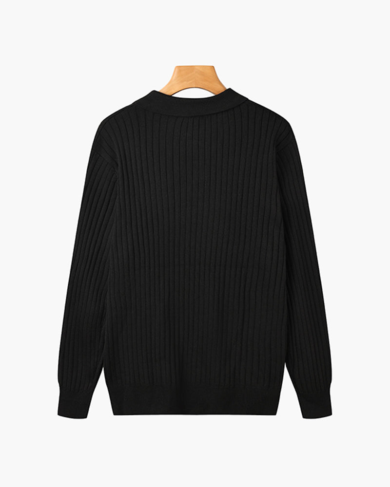 Męski sweter polo z prążkowanej dzianiny, V-neck, slim fit