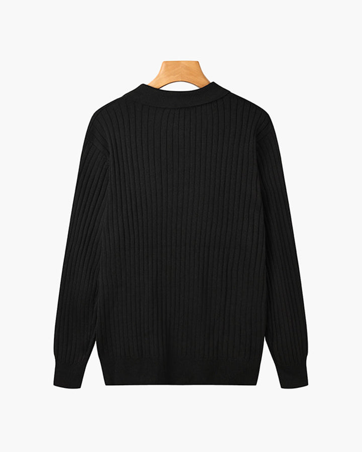 Męski sweter polo z prążkowanej dzianiny, V-neck, slim fit