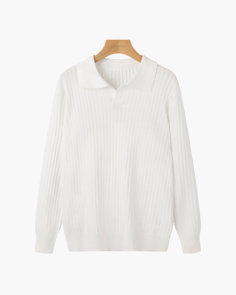 Męski sweter polo z prążkowanej dzianiny, V-neck, slim fit