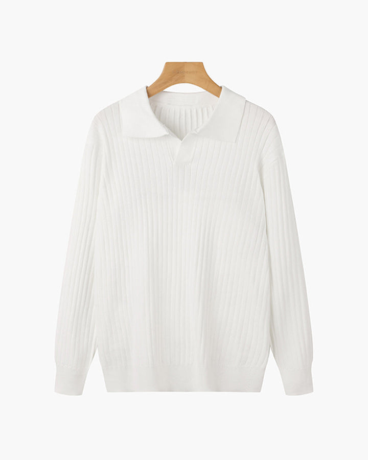 Męski sweter polo z prążkowanej dzianiny, V-neck, slim fit