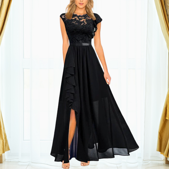Elegancka sukienka maxi z koronkowym wykończeniem dla kobiet z rozcięciem na wieczór