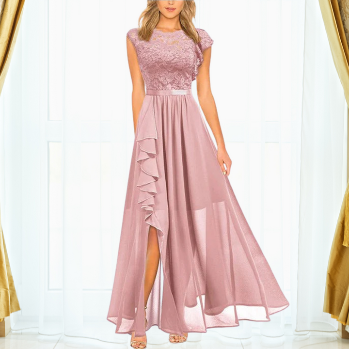 Elegancka sukienka maxi z koronkowym wykończeniem dla kobiet z rozcięciem na wieczór