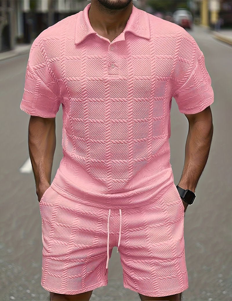 Męski zestaw z teksturowaną koszulką polo i szortami