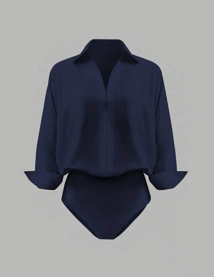 Damski bodysuit z kołnierzykiem i drapowanymi długimi rękawami