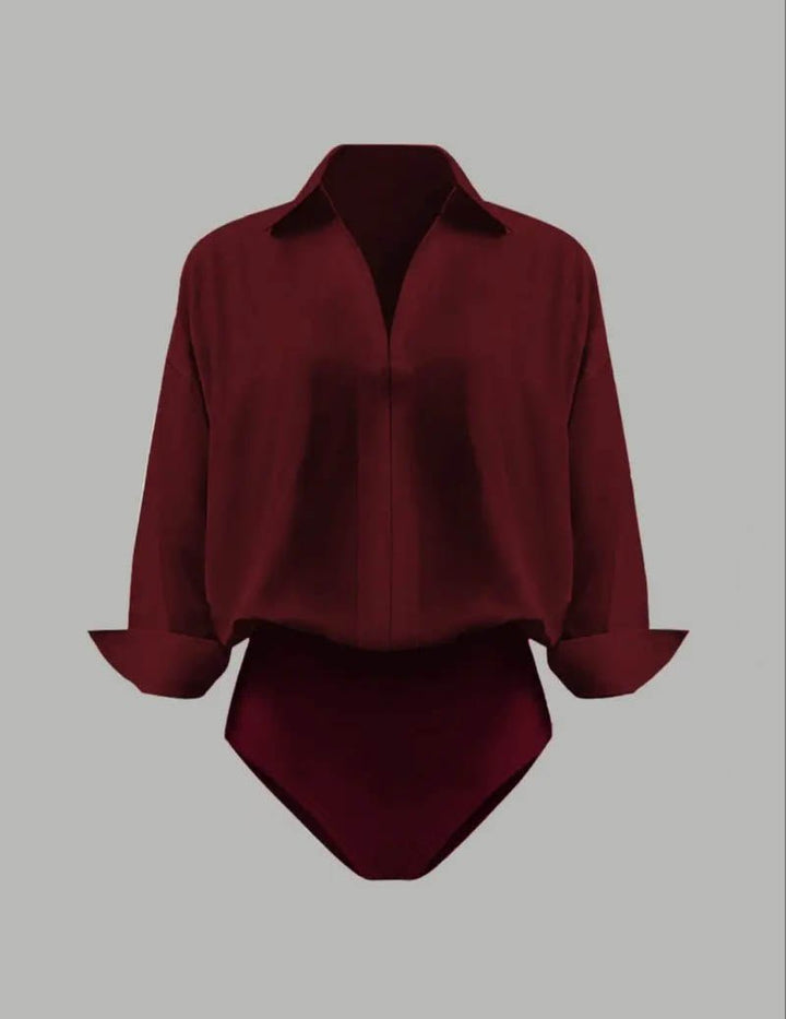 Damski bodysuit z kołnierzykiem i drapowanymi długimi rękawami