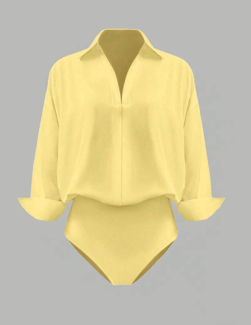 Damski bodysuit z kołnierzykiem i drapowanymi długimi rękawami