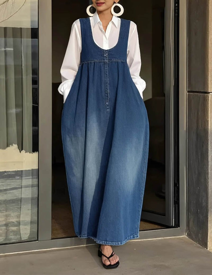Damska sukienka maxi z denimu na guziki z kieszeniami