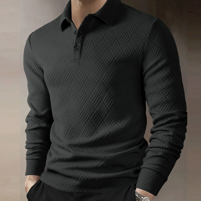Męska koszulka polo z długim rękawem, teksturowany dzianinowy, elegancki casual
