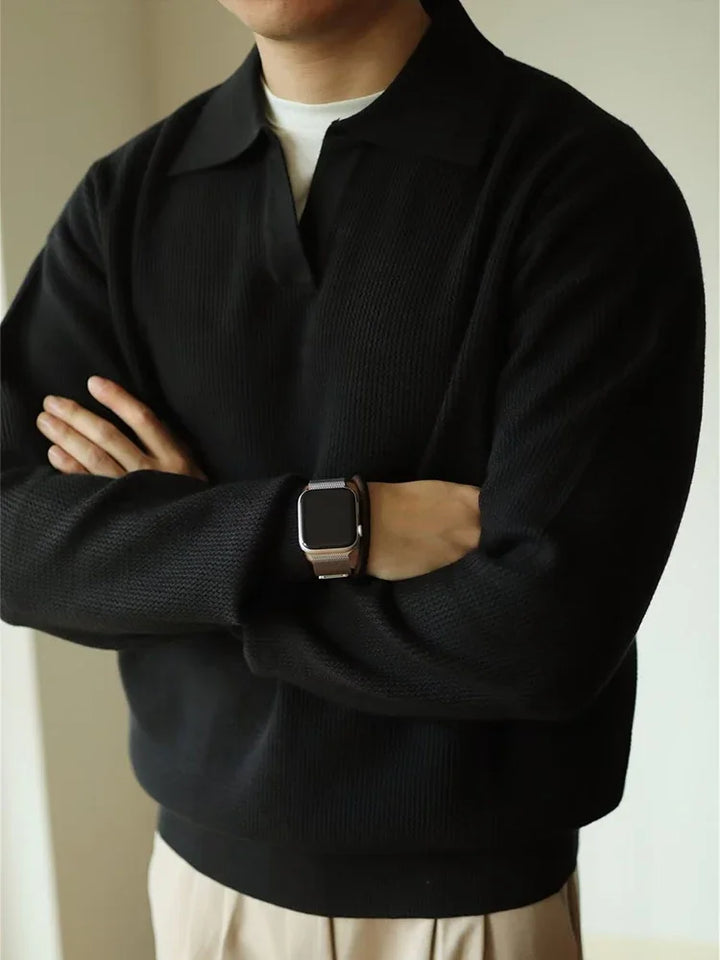 Męski sweter polo – elegancki, oddychający, wygodny, smart casual, z długim rękawem