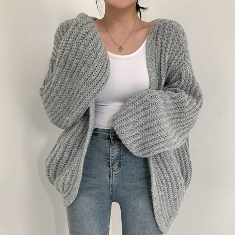Kardigan Damski z Grubej Dzianiny z Balonowymi Rękawami w Luźnym Kroju