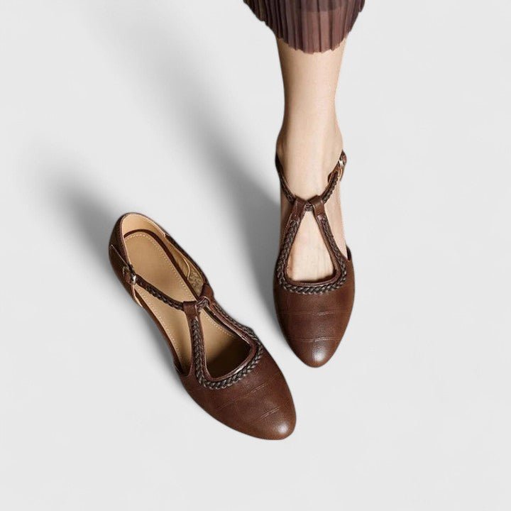 Damskie Vintage T-Bar Szpilki – Pleciona Paski Niskie Blokowe Obcasy na Smart Casual