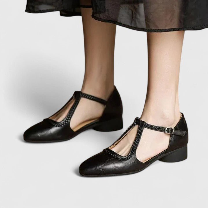 Damskie Vintage T-Bar Szpilki – Pleciona Paski Niskie Blokowe Obcasy na Smart Casual