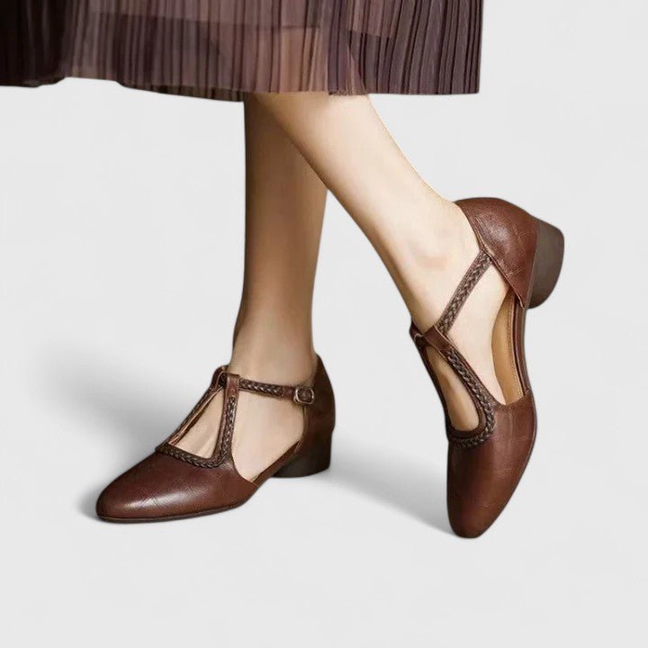 Damskie Vintage T-Bar Szpilki – Pleciona Paski Niskie Blokowe Obcasy na Smart Casual