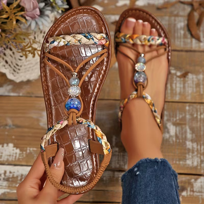 Kobiece Sandały z Koralikami na Palcach – Pleciony Płaski Styl Boho na Lato