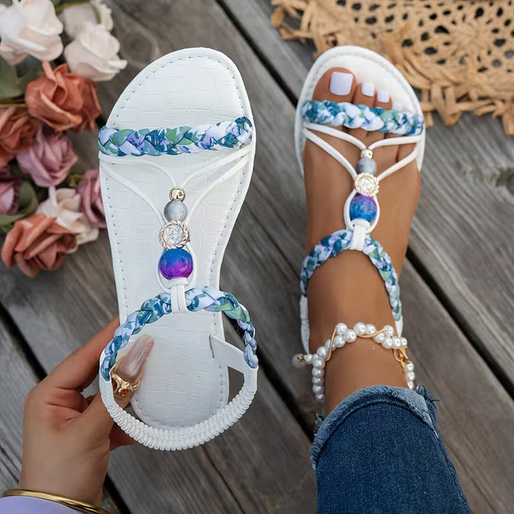 Kobiece Sandały z Koralikami na Palcach – Pleciony Płaski Styl Boho na Lato