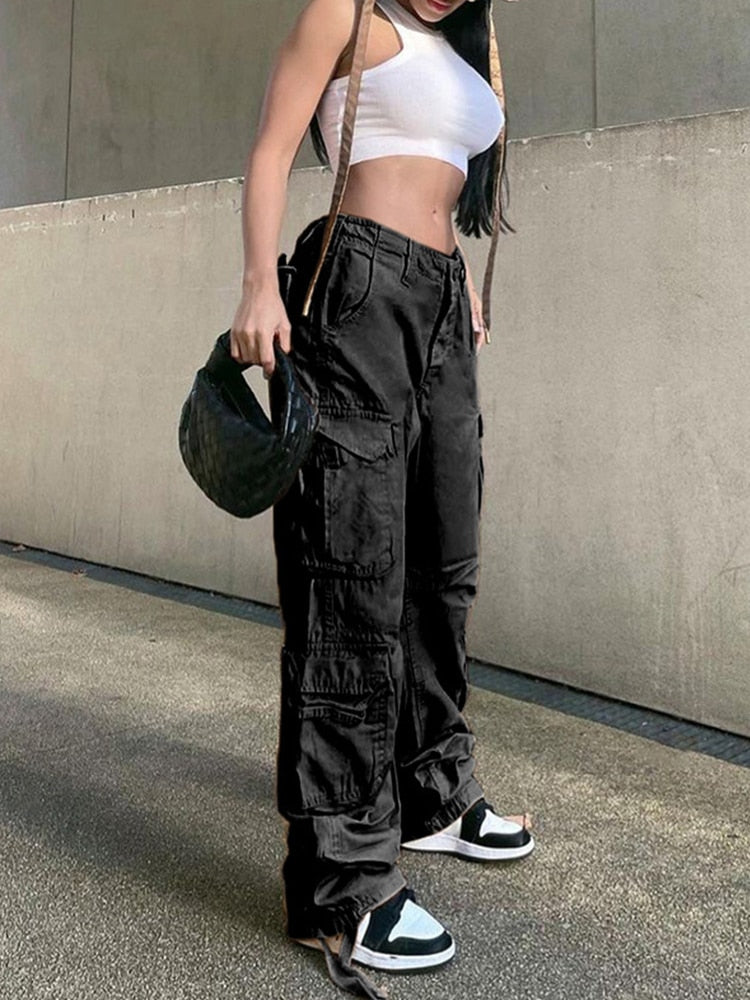 Damskie Spodnie Cargo Szerokie Nogi z Kieszeniami Użytkowymi Streetwear