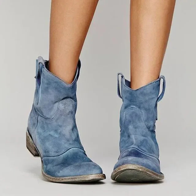 Damskie Vintage Zachodnie Botki na Kostkę z Miękkiego Zamszu w Stylu Cowboy