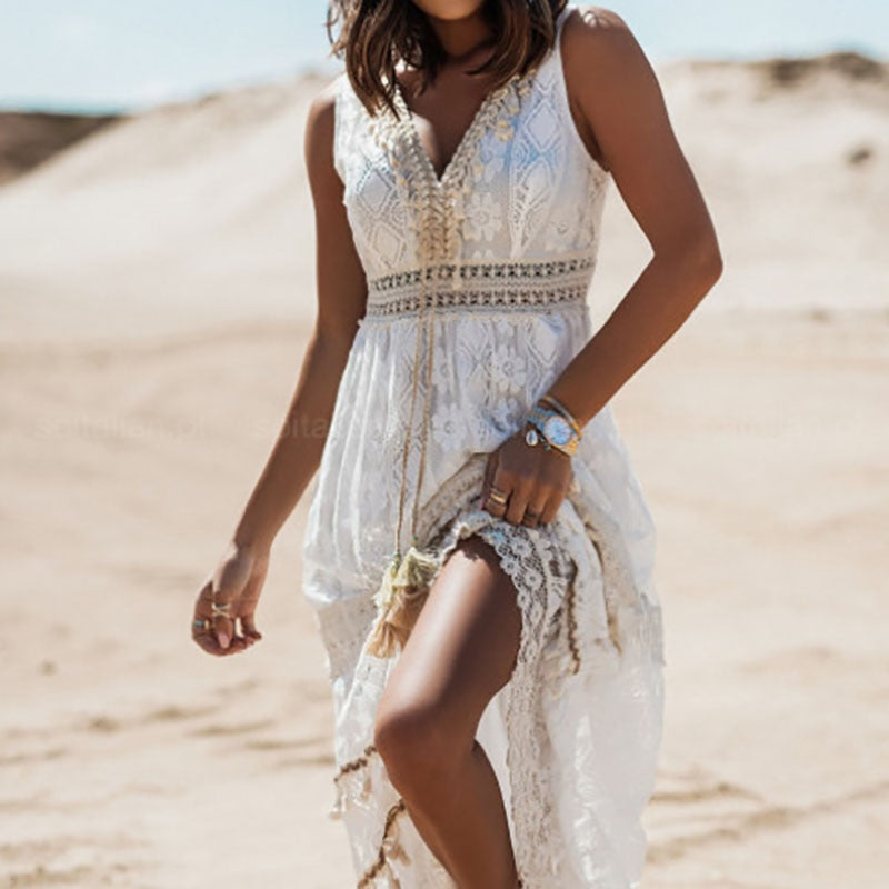 Damska Sukienka Boho Maxi z Koronką, Bez Rękawów, V-Neck, Plażowa, Letnia