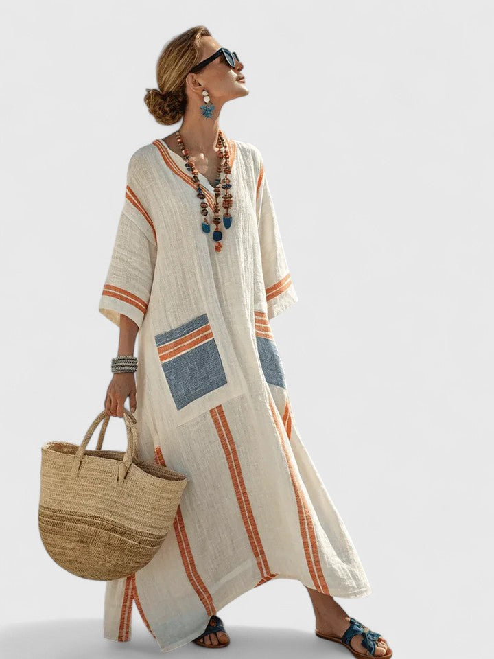 Damska Oversized Striped Kaftan Sukienka Maxi z Dekoltem w Szpic