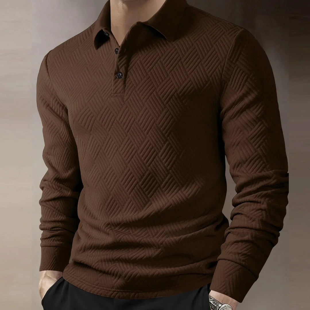Męska koszulka polo z długim rękawem, teksturowany dzianinowy, elegancki casual