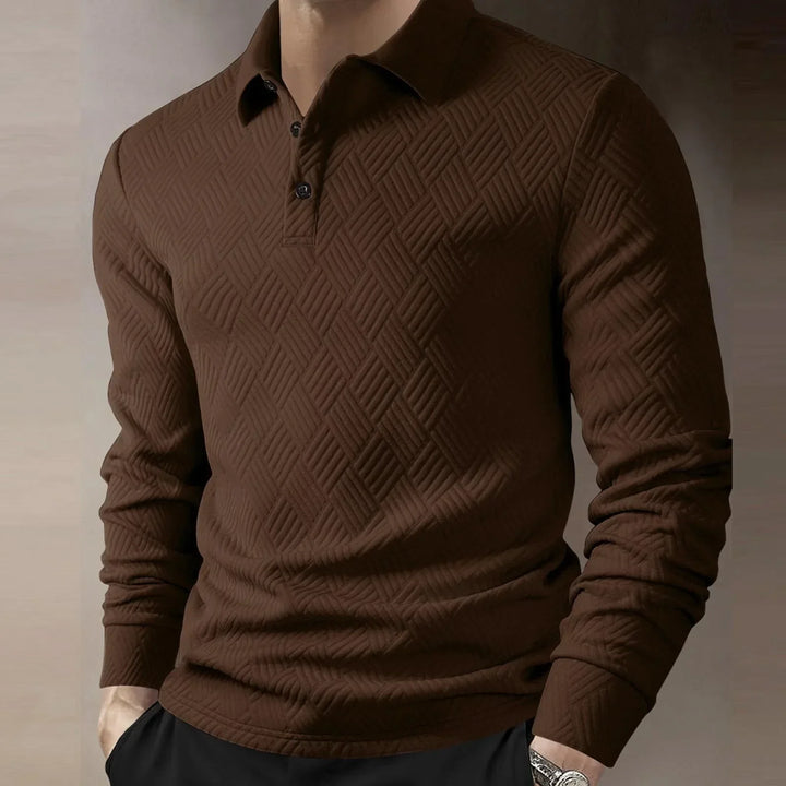 Męska koszulka polo z długim rękawem, teksturowany dzianinowy, elegancki casual
