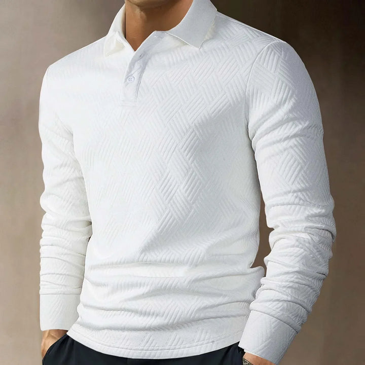 Męska koszulka polo z długim rękawem, teksturowany dzianinowy, elegancki casual