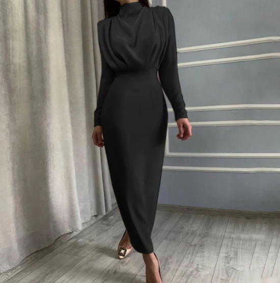 Długa sukienka midi z długim rękawem, wysoka szyja, dopasowana talia, elegancki styl bodycon