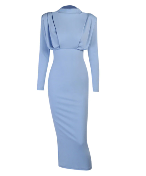 Długa sukienka midi z długim rękawem, wysoka szyja, dopasowana talia, elegancki styl bodycon