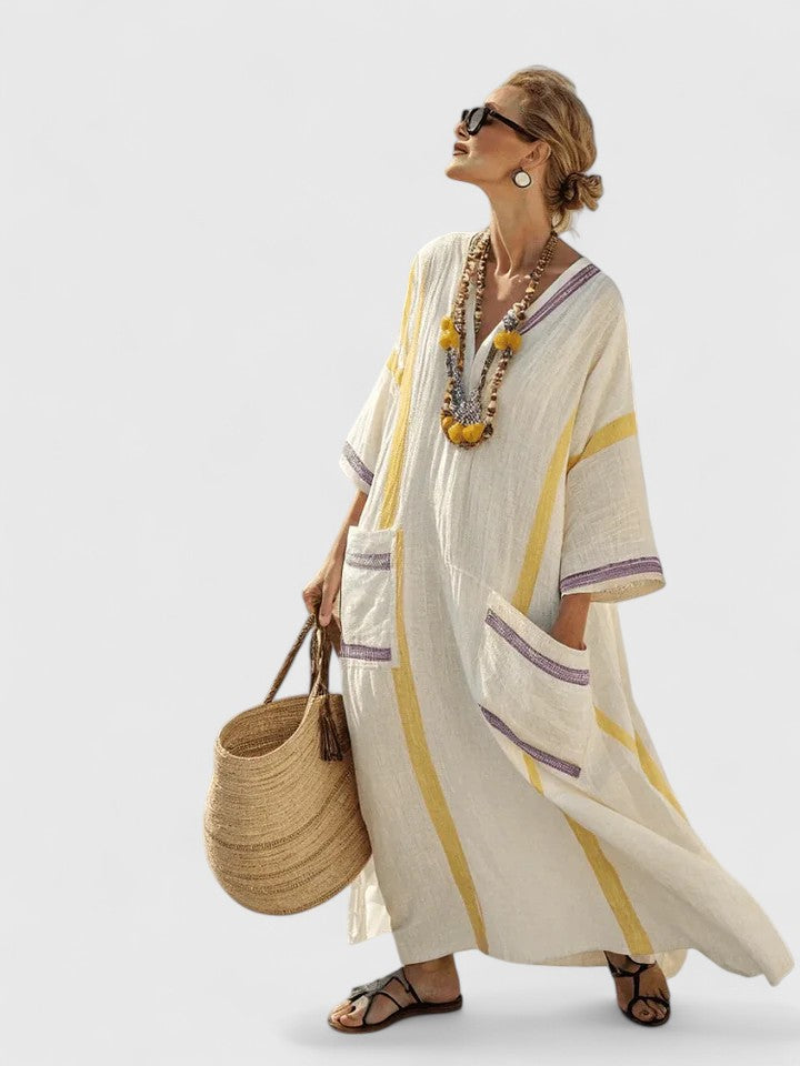 Damska Oversized Striped Kaftan Sukienka Maxi z Dekoltem w Szpic