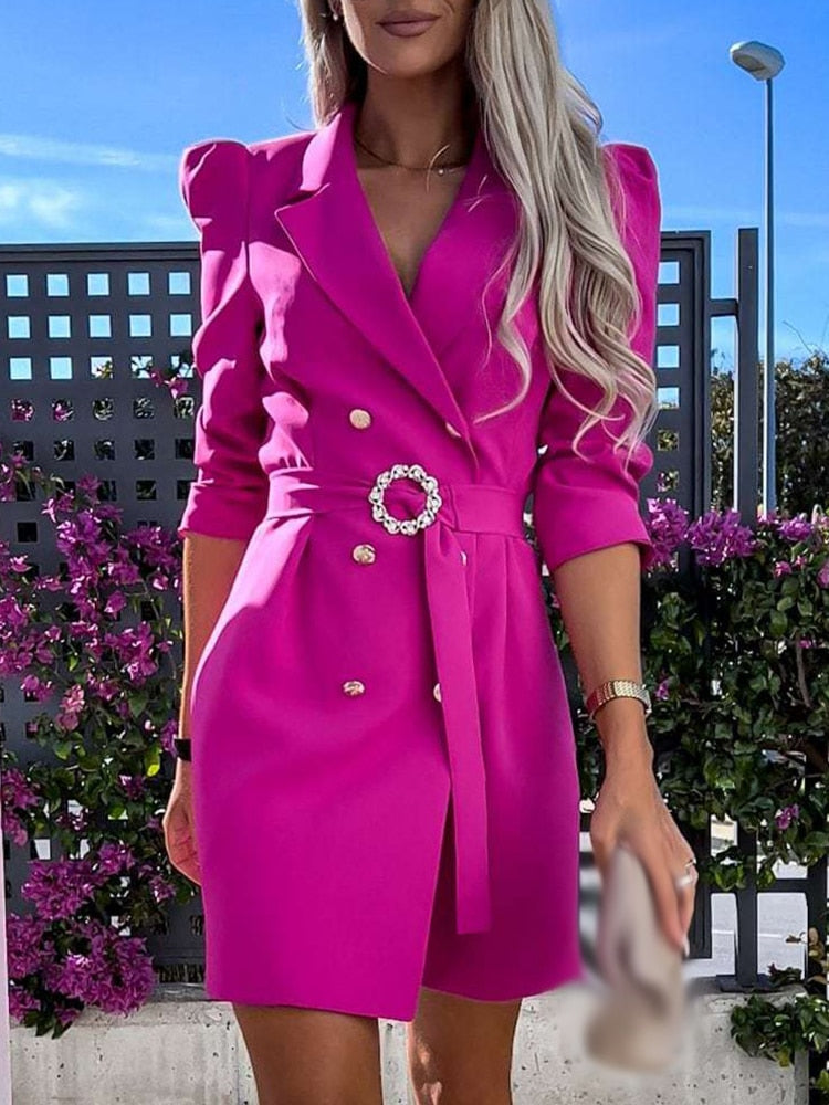 Kobiece Sukienka Żakiet Podwójnie Zapięta Z Paskiem w Talii Dopasowana Mini Styl Elegancki