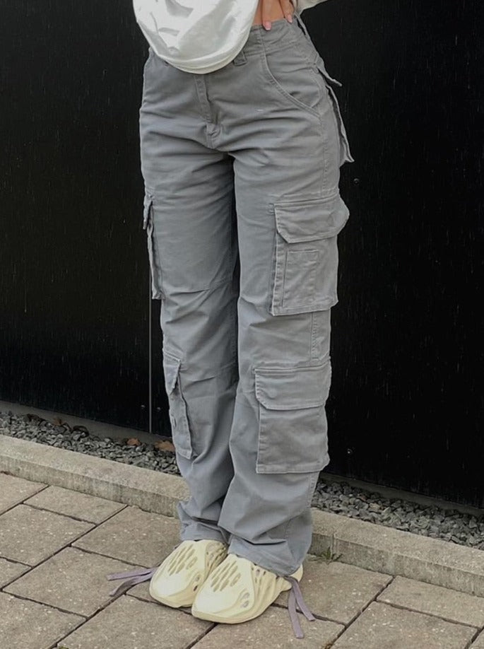 Damskie Spodnie Cargo Szerokie Nogi z Kieszeniami Użytkowymi Streetwear