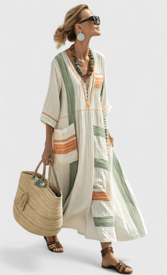 Damska Oversized Striped Kaftan Sukienka Maxi z Dekoltem w Szpic
