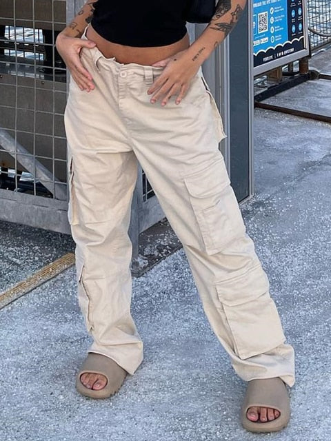 Damskie Spodnie Cargo Szerokie Nogi z Kieszeniami Użytkowymi Streetwear