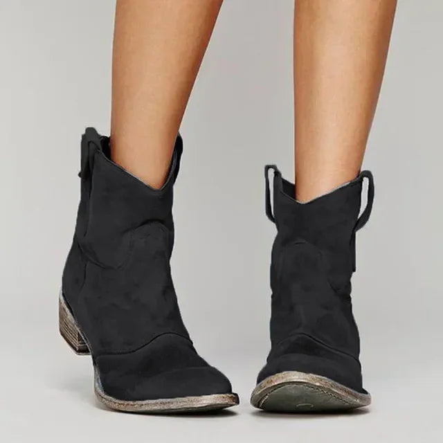 Damskie Vintage Zachodnie Botki na Kostkę z Miękkiego Zamszu w Stylu Cowboy