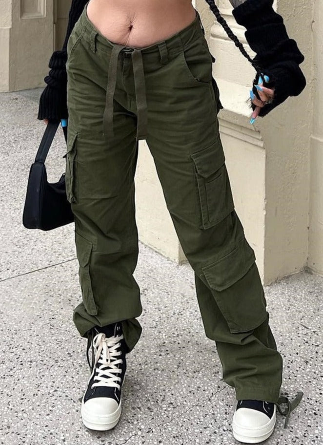 Damskie Spodnie Cargo Szerokie Nogi z Kieszeniami Użytkowymi Streetwear