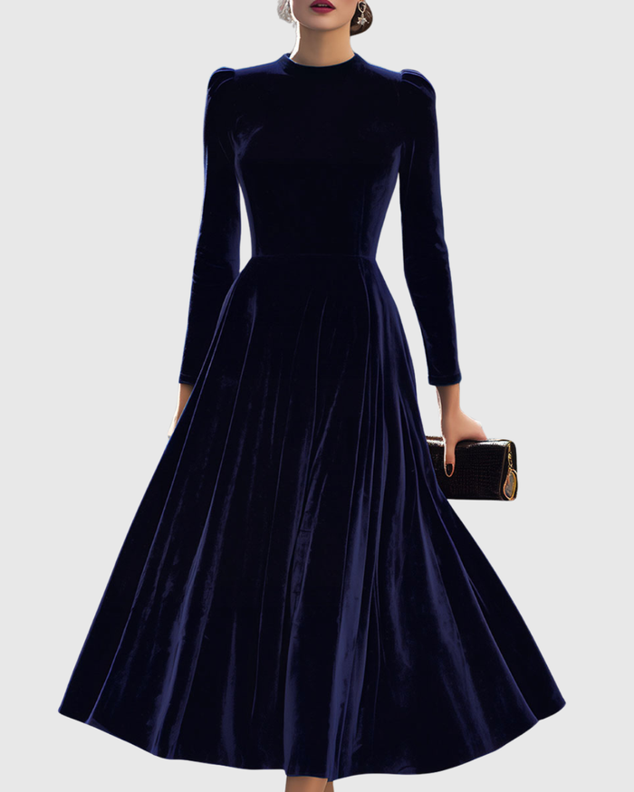 Damska Welurowa Sukienka Midi Elegancka Długa Rękaw Silhouette