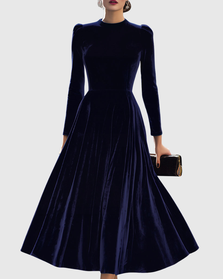 Damska Welurowa Sukienka Midi Elegancka Długa Rękaw Silhouette