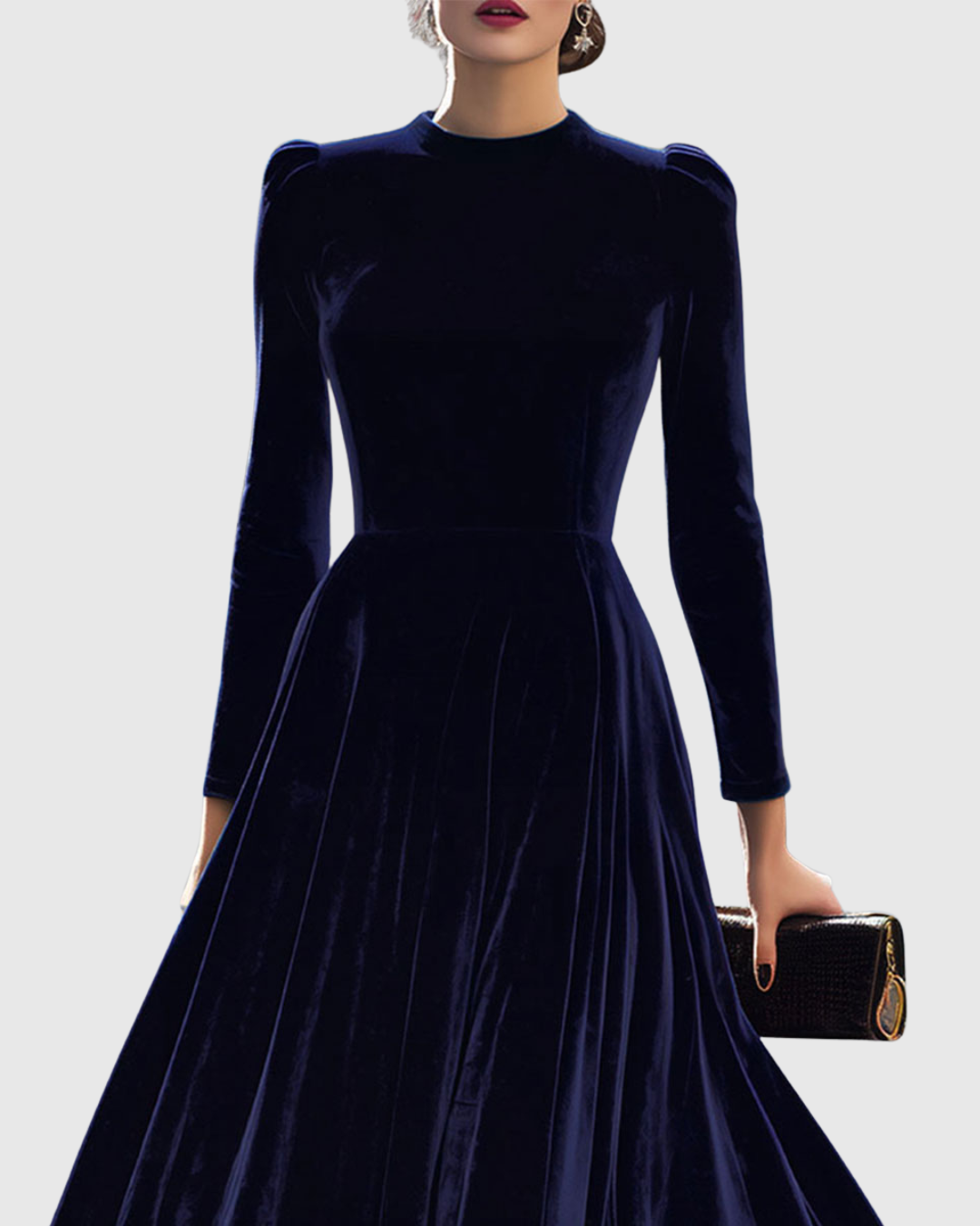 Damska Welurowa Sukienka Midi Elegancka Długa Rękaw Silhouette